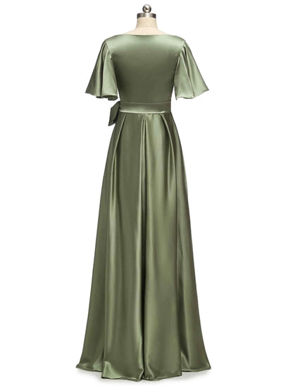 Elegant V-Neck A-Line Long Soft Satin Short Sleeve Bridesmaid Dresses