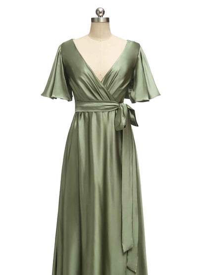 Elegant V-Neck A-Line Long Soft Satin Short Sleeve Bridesmaid Dresses