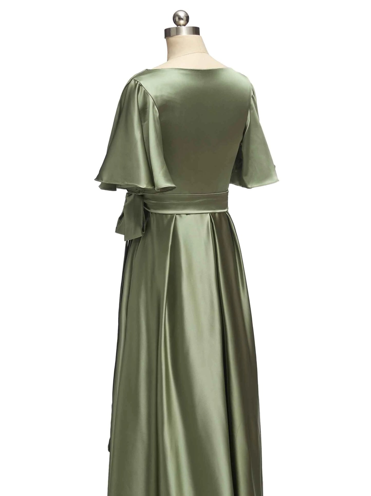 Elegant V-Neck A-Line Long Soft Satin Short Sleeve Bridesmaid Dresses