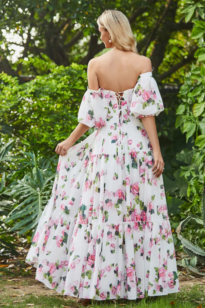 Off Shoulder Flowers Ruffled Chiffon Long Dress Prom Dress