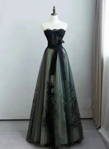 A-line Black and Green Strapless Lace Long Prom Dress Tulle Party Dress