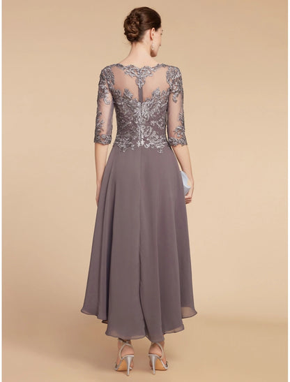 A-Line Mother of the Bride Dress Wedding Guest Elegant Vintage Scoop Neck Asymmetrical Chiffon Lace with Ruching