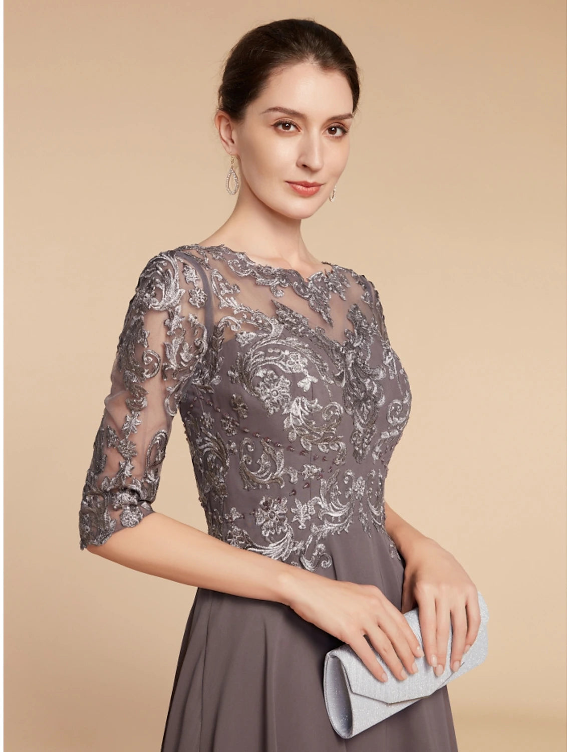 A-Line Mother of the Bride Dress Wedding Guest Elegant Vintage Scoop Neck Asymmetrical Chiffon Lace with Ruching