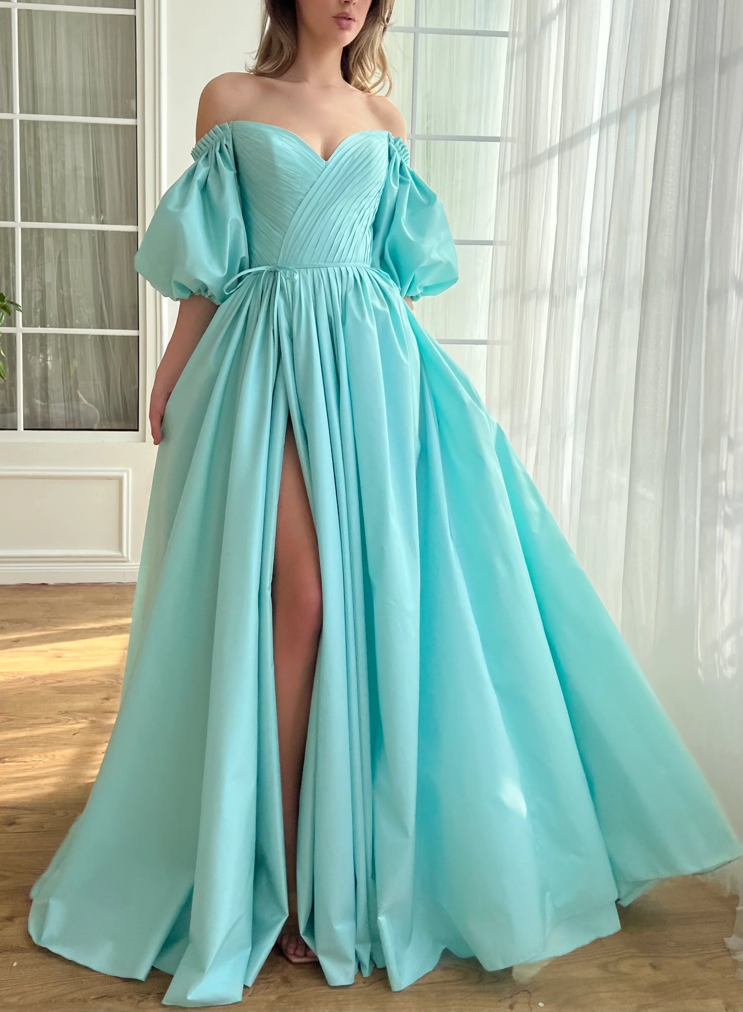 Charming Aquamarine Gown Off Shoulder A-Line Floor-length Prom Dress