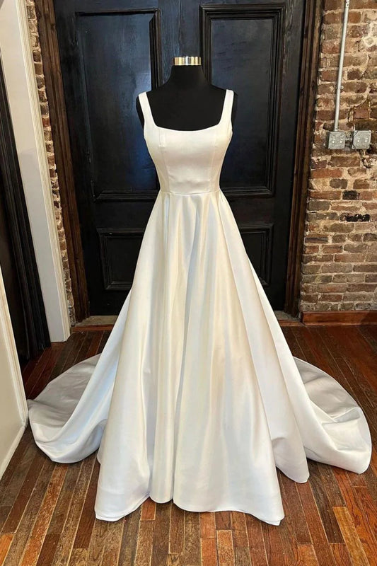 Classic A Line Square Neck Ivory Wedding Party Dress