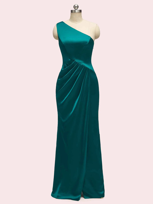 Elegant One Shoulder Long Soft Satin Mermaid Bridesmaid Dresses With Slit