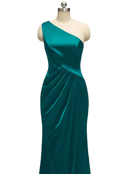 Elegant One Shoulder Long Soft Satin Mermaid Bridesmaid Dresses With Slit