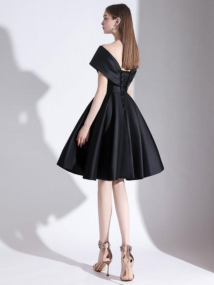 A-Line V-Neck Knee-Length Short Sleeves Lace-Up Pleated Satin Cocktail Dress