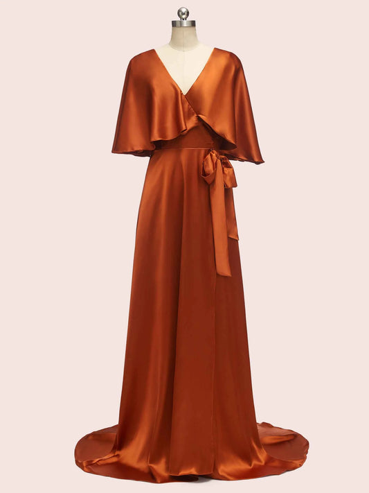 Bat Sleeves Elegant Long Soft Satin Bridesmaid Dresses Online