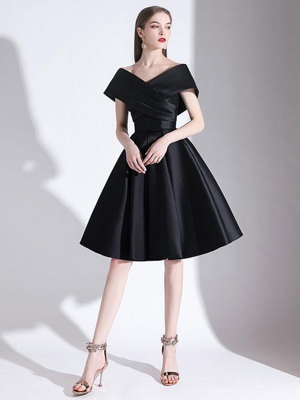 A-Line V-Neck Knee-Length Short Sleeves Lace-Up Pleated Satin Cocktail Dress