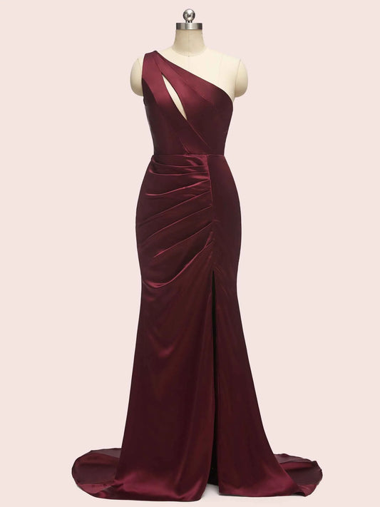 Sexy Mermaid One Shoulder Long Soft Satin Bridesmaid Dresses With Slit