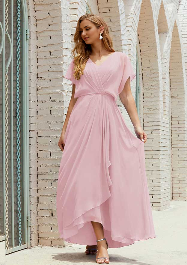 A-line Short Sleeve V Neck Chiffon Mother of the Bride Dress With Pleated