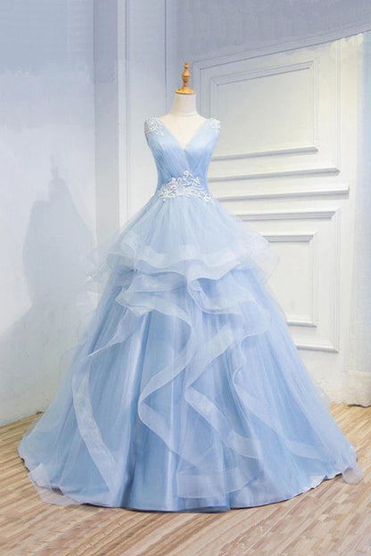 Sweetheart Blue Organza V Neck Ruffles Appliques Prom Dress Quinceanera Dresses