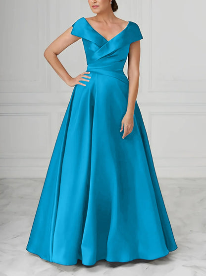 A-Line V-Neck Satin Long Mother Of The Bride Dresses With Ruched