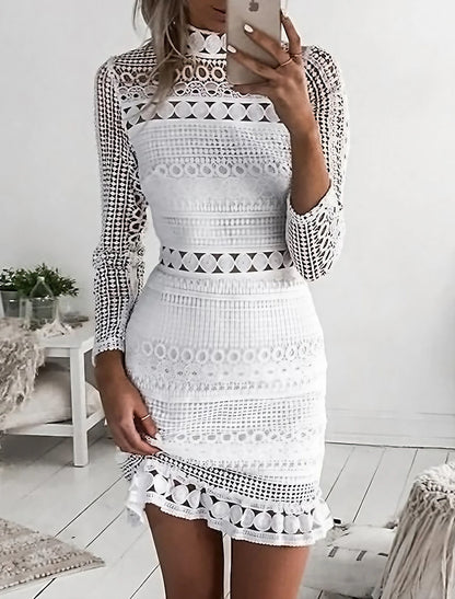 Homecoming Dress Lace Dress Party Dress Sheath Dress Mini Dress White Long Sleeve Pure Color Lace Winter Fall High Neck Fashion Winter Dress