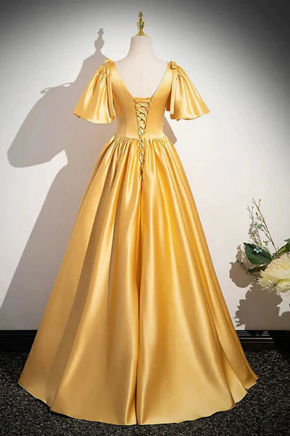 Cute A-line Yellow Satin V-neckline Long Prom Dress Evening Dress