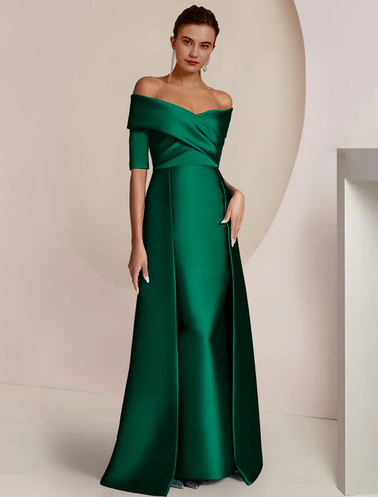 Sheath / Column Mother of the Bride Dress Formal Wedding Guest Off Shoulder Floor Length Satin Half Sleeve with Ruching