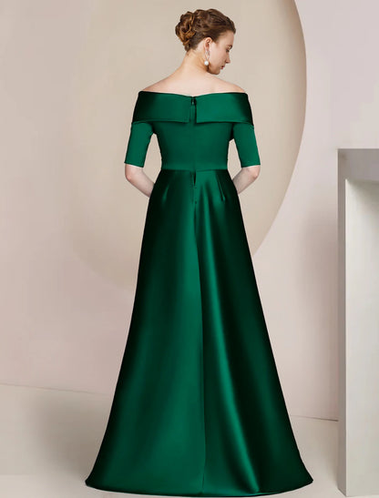 Sheath / Column Mother of the Bride Dress Formal Wedding Guest Off Shoulder Floor Length Satin Half Sleeve with Ruching