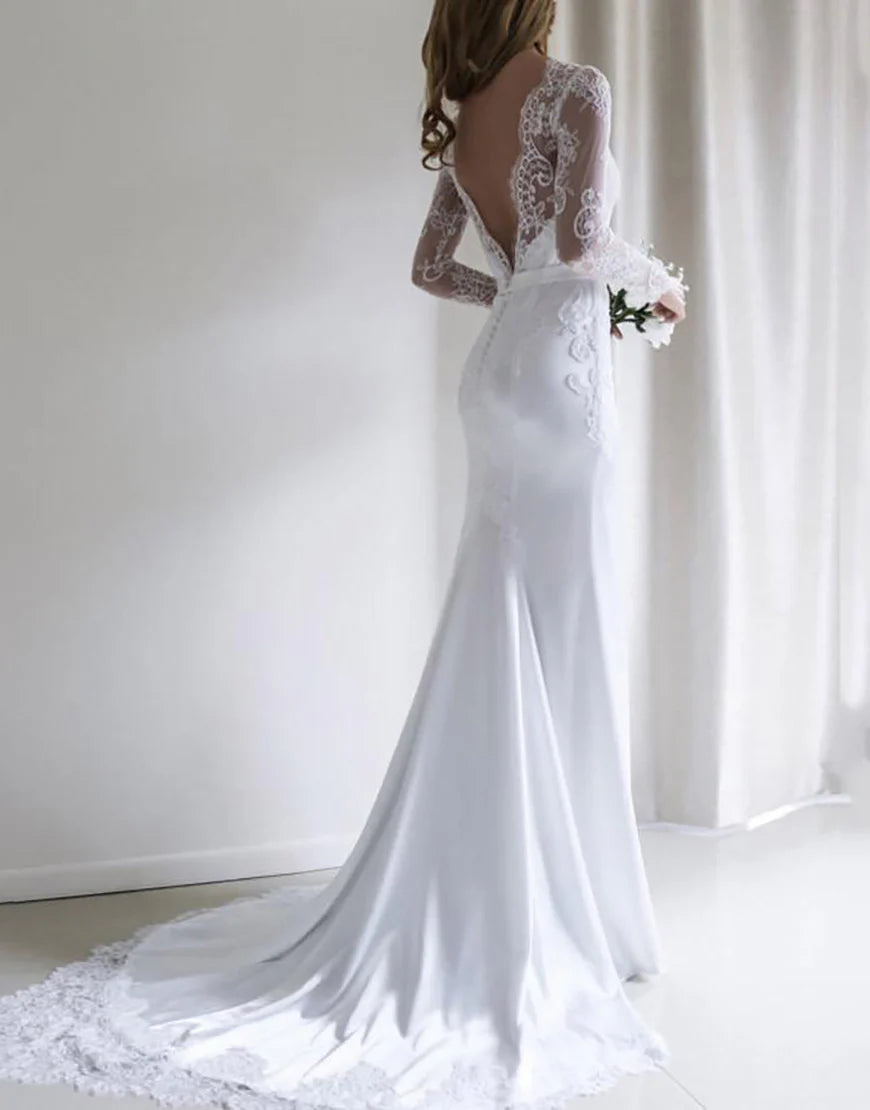 Long Sleeves Open Back Long Bridal Dress Wedding Dress