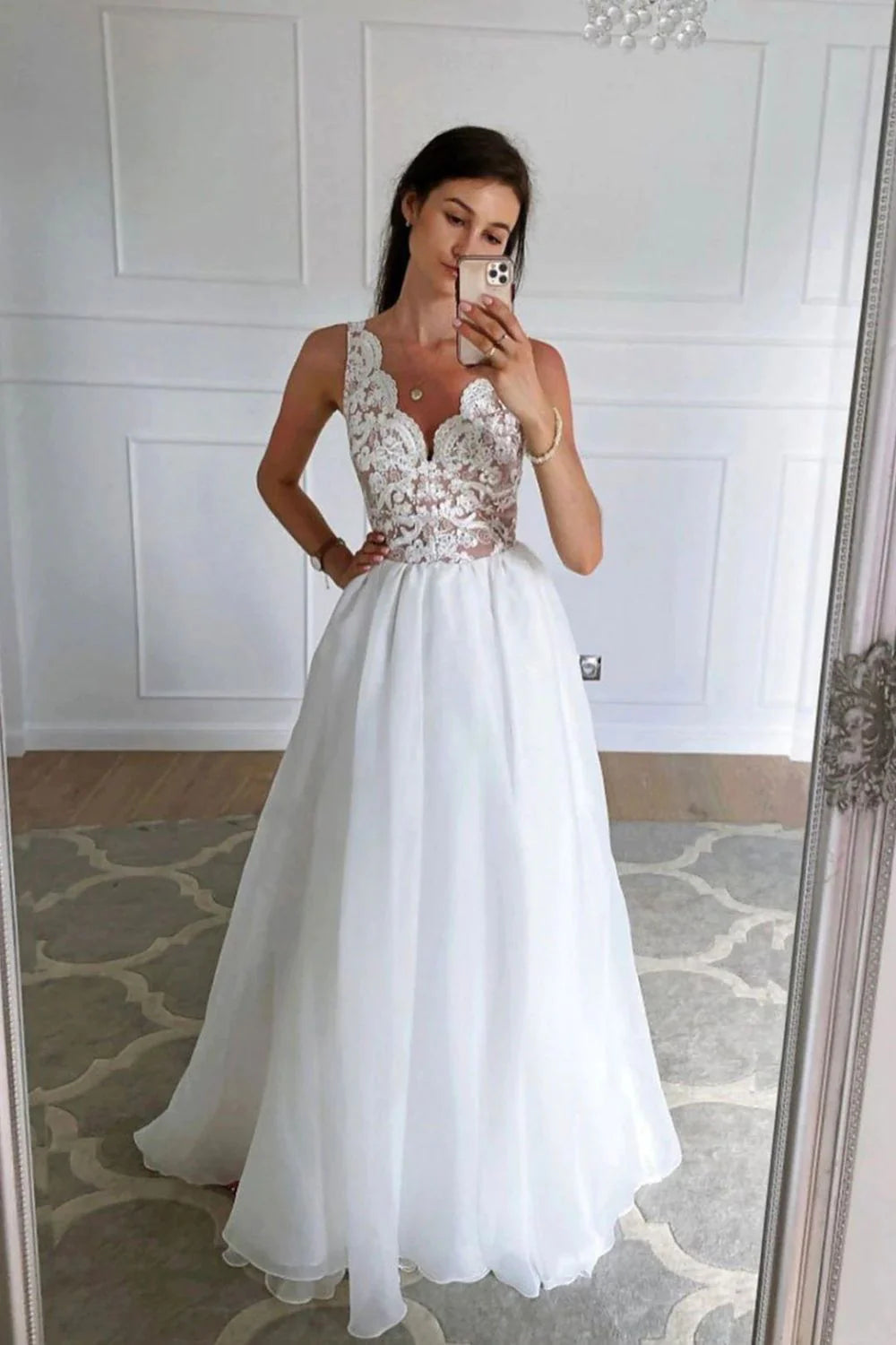 Classic A Line V Neck White Bridal Dress with Appliques