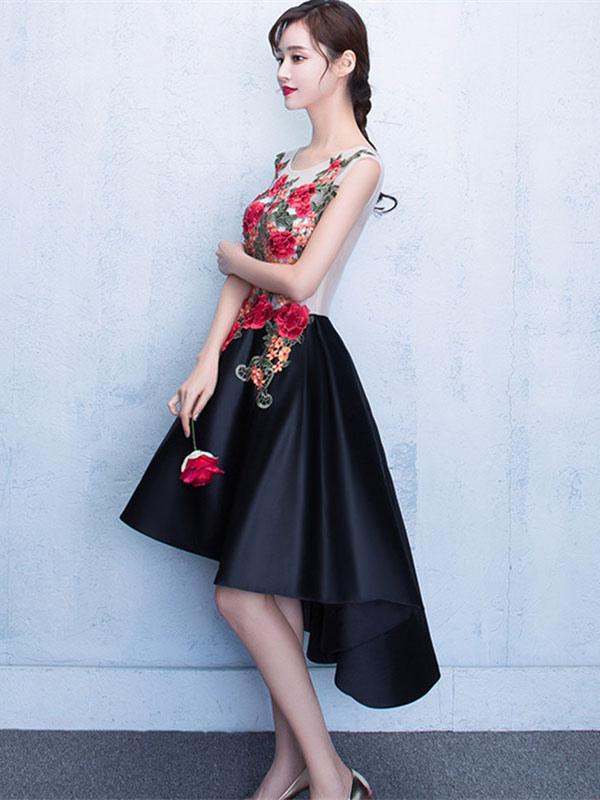 A-Line Floral Print Homecoming Dress High Low Flowers Applique Scoop Neckline Cocktail Dresses