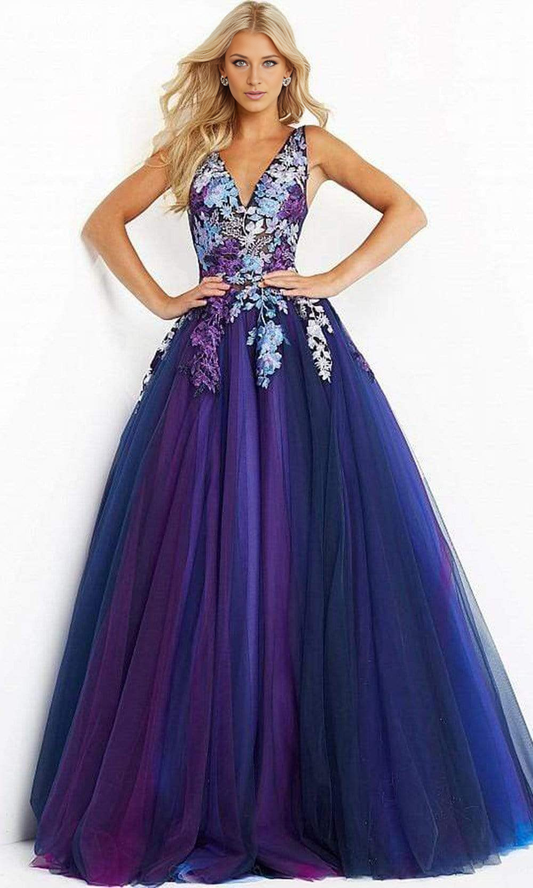 Gradient Floral Embroidered A-line Gown Tulle Prom Dress