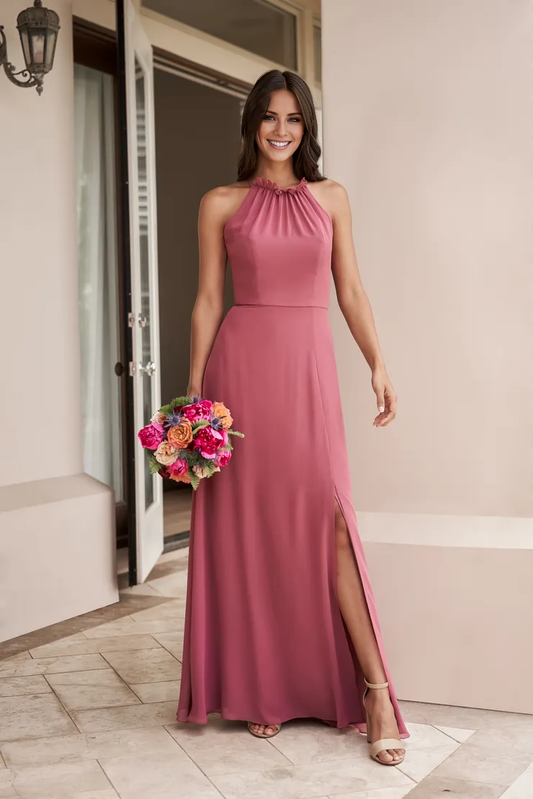 Halter neck strapless side slit backless floor length bridesmaid dress