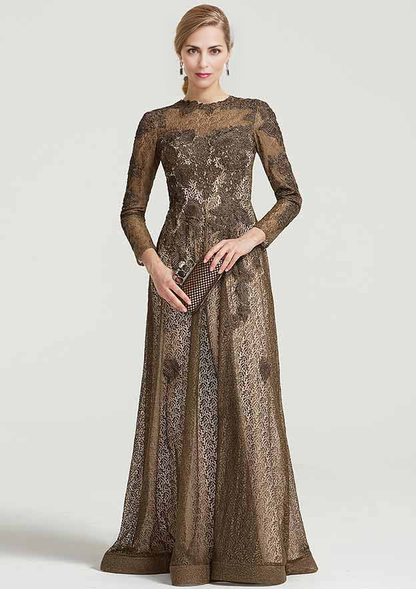 Scoop Neck 3/4 Sleeve Long Lace Mother of the Bride Dress With Appliqued