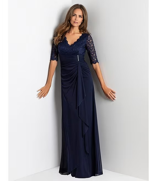 Sequin Lace V-Neck 3/4 Sleeve Waist Draped Gown A-Line Sheath Mother of the Bride Dresse