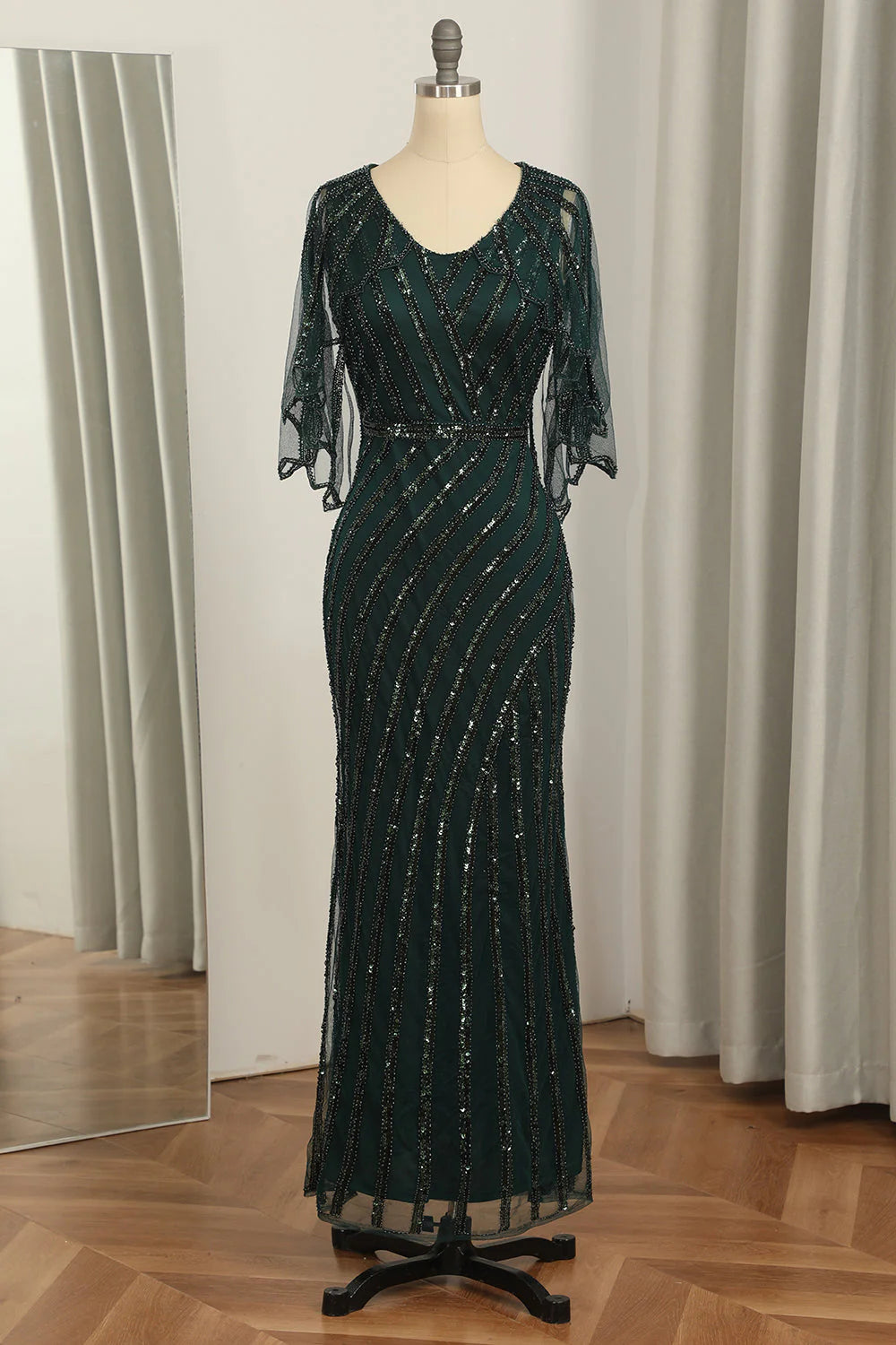 Dark Green Sequined Scoop Neck Long Mother of Bride Dress 1920s Dress