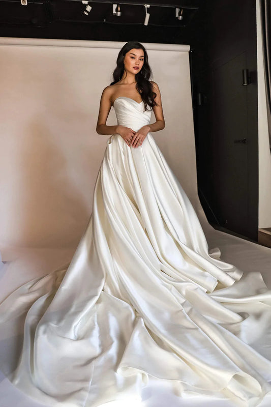 Elegant A Line Sweetheart White Long Bridal Dress with Sweep Train