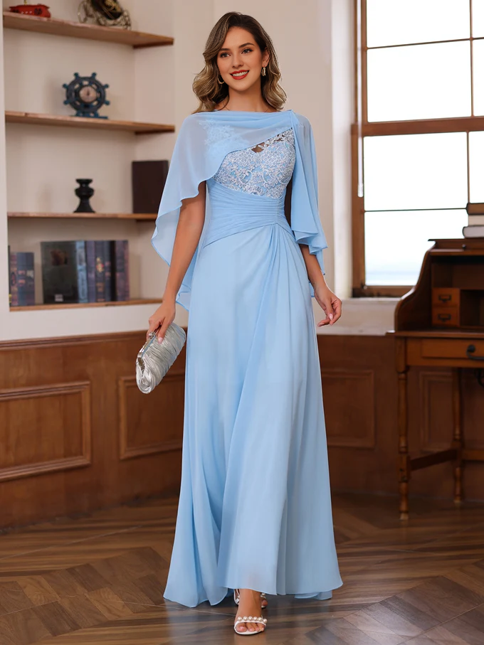 A-line/princess V-neck and ground length strap with appliqu ruffle edge mother of the bride dress