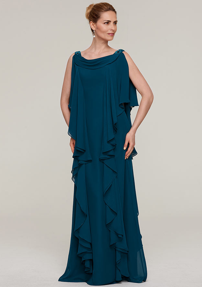 SheathColumn Cowl Neck Sleeveless Floor-Length Chiffon Mother of the Bride Dresses With Beading Ruffles