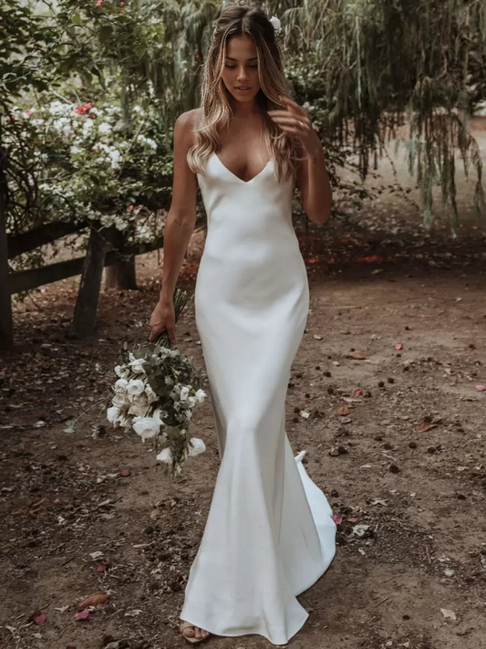 White Mermaid Wedding V-Neck Sleeveless Criss-Cross Spaghetti Straps Lace-Up Backless Satin Fabric Bride Gown