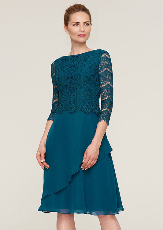 A-line Bateau Knee-Length Chiffon Mother of the Bride Dress With Lace Ruffles