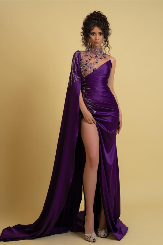 Purple High Neck Mermaid Evening Dresses With Split Beadings Ruffles