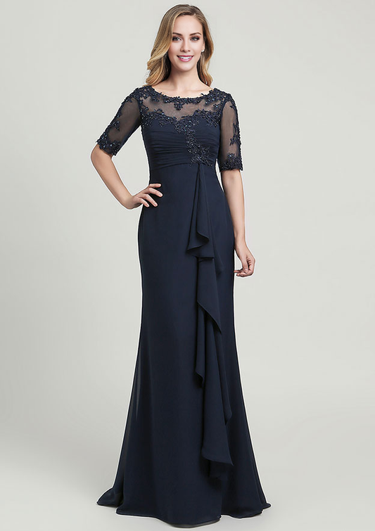 Chiffon Mother of the Bride Dress Scoop Neck Half Sleeve Floor-Length With Sequins Appliqued Pleated