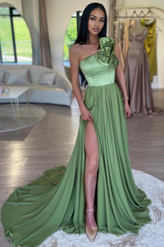 Sage One Shoulder Sleeveless A-Line Evening Gown Prom Dresses With Split