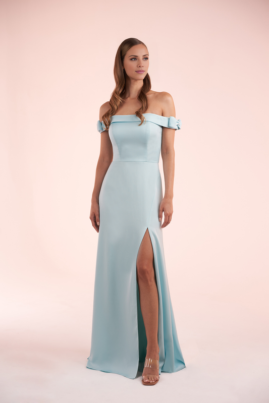 Shoulderless A-line bow crepe back and floor length evening gown