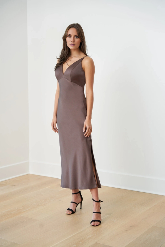 Thin shoulder strap V-neck backless side slit long evening gown