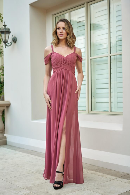 Spaghetti Strap V-Neck Off-Shoulder Side Slit Floor Length Bridesmaids Dress