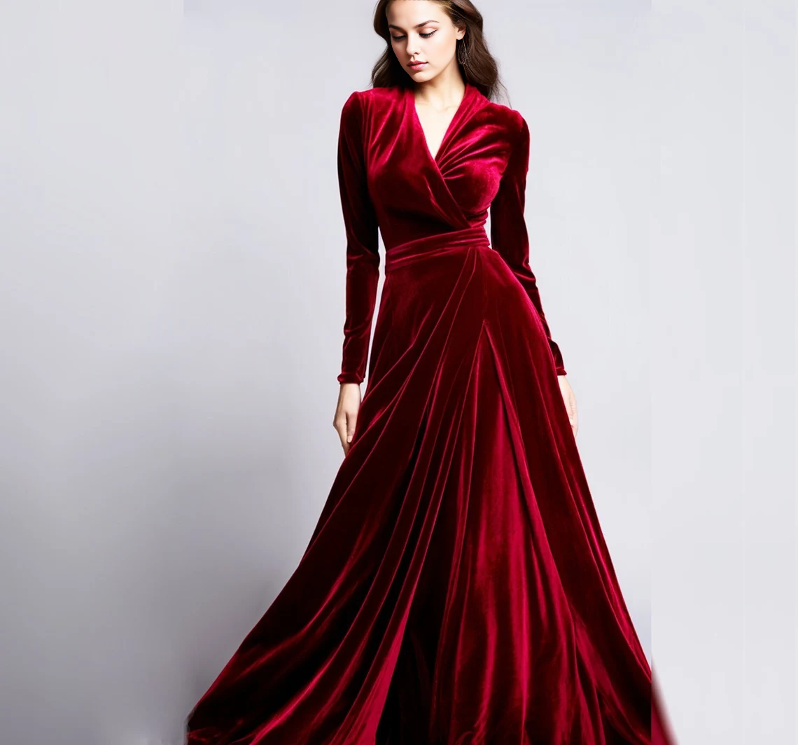 Velvet Retro Maxi Dress Floor-length Bridesmaid Dress Wrap Neck Evening Dresses