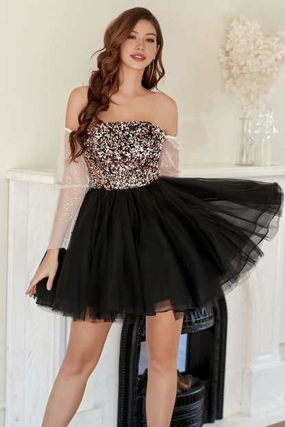 Black Strapless Neck Sequins A Line Tulle Homecoming Dress