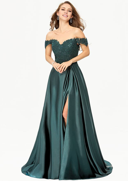 A-line Off-the-Shoulder Sleeveless Evening Dress Train Prom Dress With Lace Split