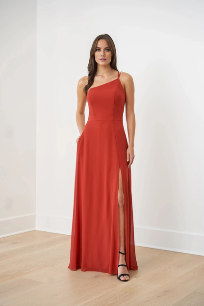 One shoulder neckline sleeveless backless side slit and floor length evening gown