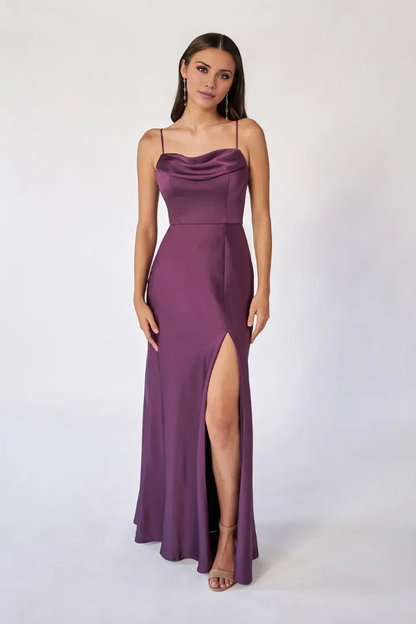 Thin shoulder strap satin backless side slit and floor length evening gown