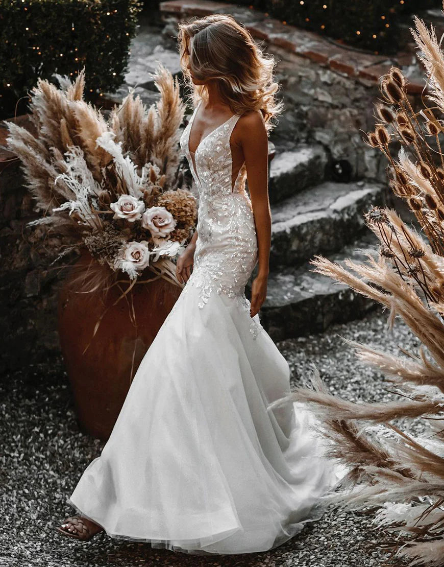 Mermaid Tulle Wedding Dress with 3D Embroidery