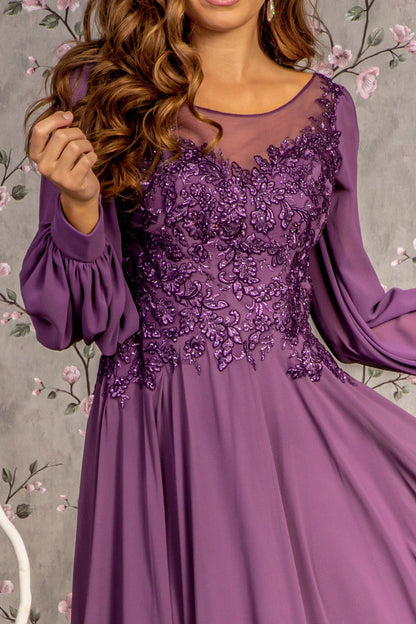 Embroidered Long Sleeve A-line Chiffon Mother of the Bride Dresse