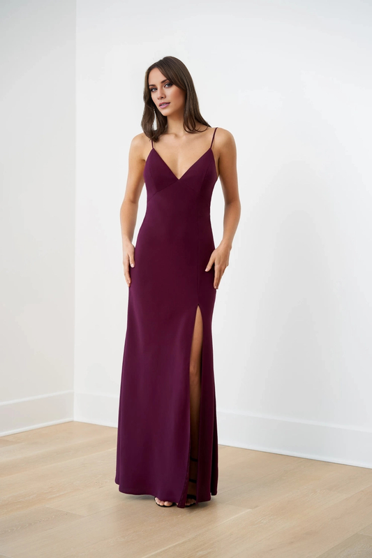 V-neck slim shoulder strap backless side slit and floor length evening gown