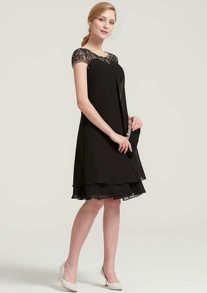 A-line/Princess Bateau Short Sleeve Knee-Length Chiffon Mother of the Bride Dress With Beading Ruffles